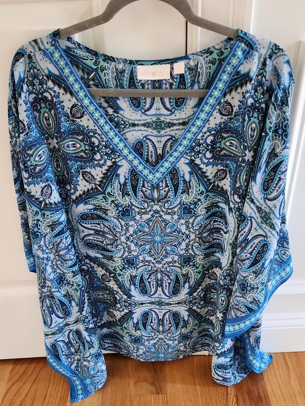 Belle by Kim Gravel, Poncho  V-Neck Blouse, Blue Paisley, Sz 1X
